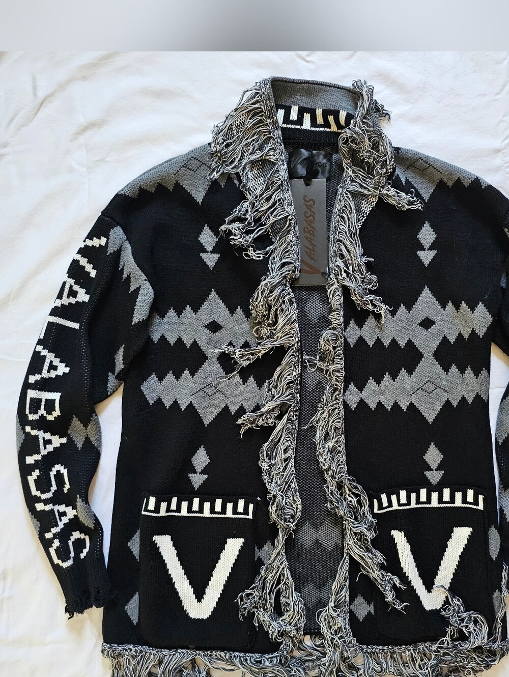 NWT Valabasas Neighborhood Black Grey Elongated Tassle Open Cardigan Size S